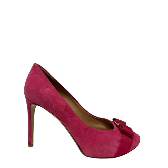 Salvatore Ferragamo Shoes - SALVATORE FERRAGAMO Pink Suede Bow Accent Peep Toe Heels Pumps 8